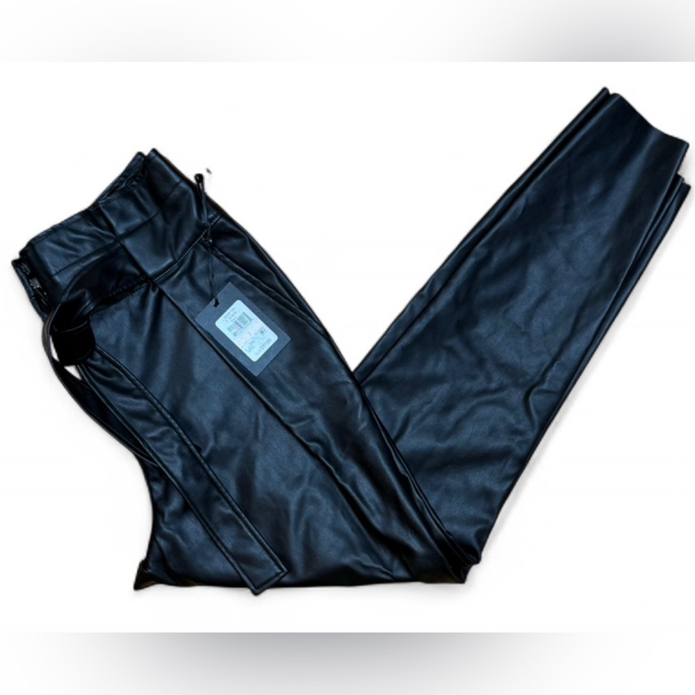 NWT DKNY Black Faux Leather High Waisted Tie Belt Tapered Ankle Pants Size 2 - Picture 3 of 11